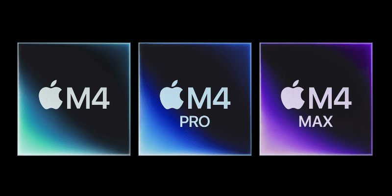 apple m4, m4 pro and m4 max cpu chip illustration banner