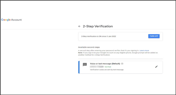 gmail 2 step verification setup screen with sms option