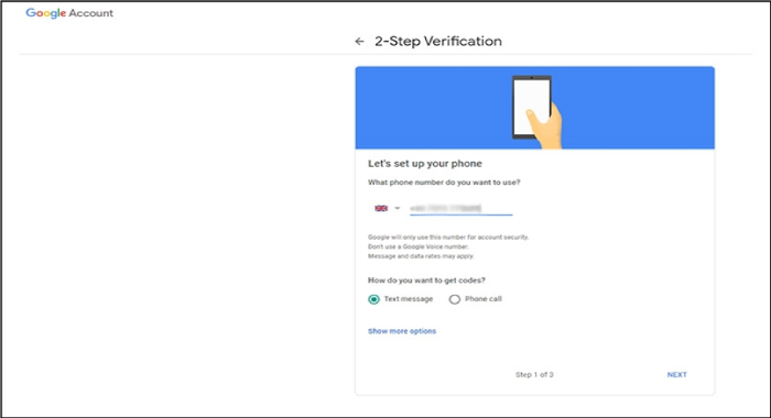 gmail account 2-step verification setup step 1 settings screen