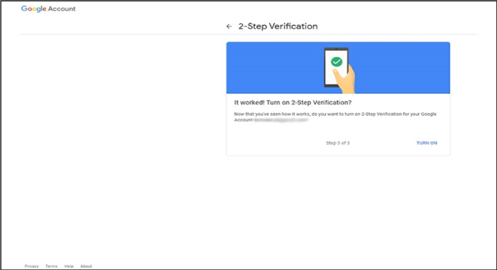 gmail account 2-step verification setup step three settings screen