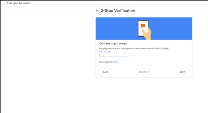 gmail account 2-step verification setup step two settings screen