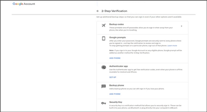 gmail account 2-step verification additional options list