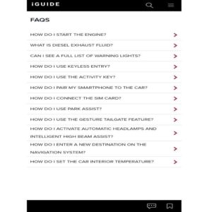 jaguar land rover iguide faq section main screen on the android app