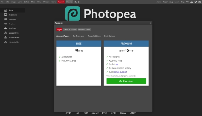 photopea user interface with account types in view