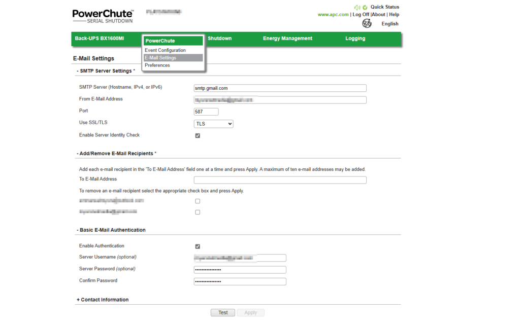 apc powerchute serial shutdown email settings configuration screen