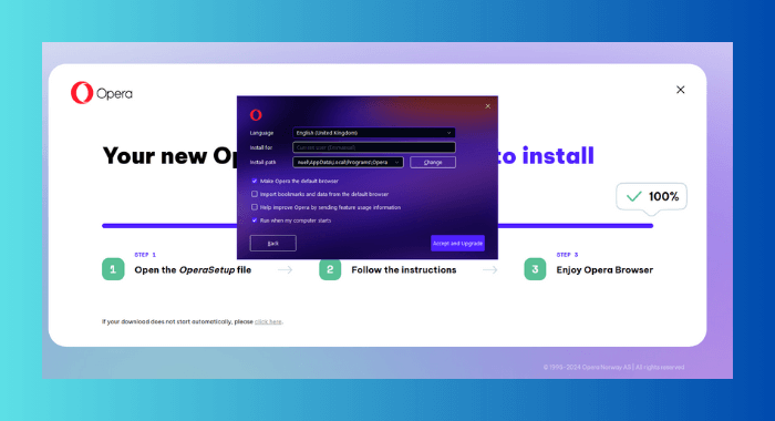opera browser software install screen with options banner