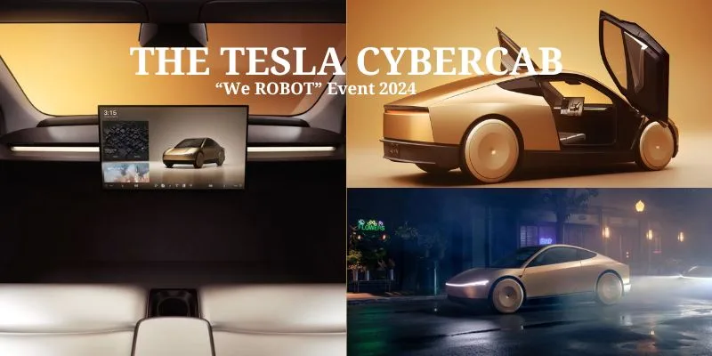 the tesla cybercab robotaxi banner with interior and exterior views