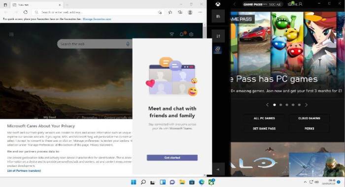 windows 11 desktop showing microsoft edge, teams and xbox apps