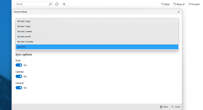 windows 11 mail app sync options screen