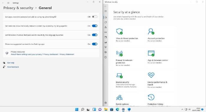 windows 11 desktop with privacy and security setting windows open