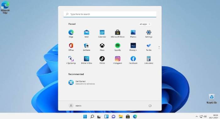 windows 11 desktop with start menu opened