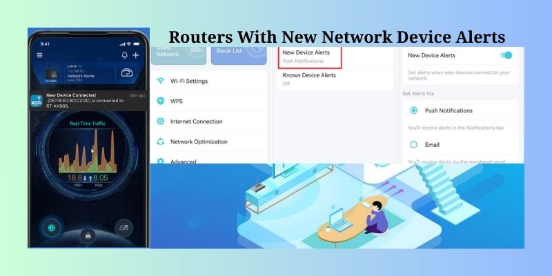 wireless router app screen with notifiication, settings page and network illustations